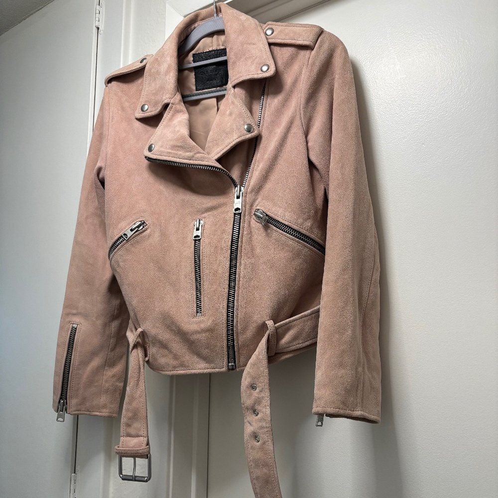 Gorgeous All Saints soft pink suede moto jacket - size 4